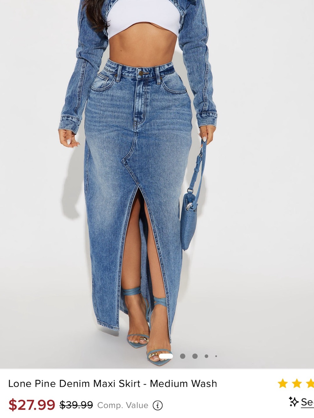 Fashion Nova Medium Wash Denim Maxi Skirt with Front Slit